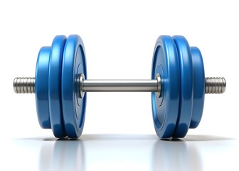 Fototapeta premium Fitness Icon: A photorealistic close-up of a single blue dumbbell rests, ready for workout, symbolizing strength, health, and the pursuit of a sculpted physique.
