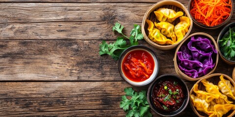 Colorful Dumplings and Ingredients on Wooden Table with Sauces