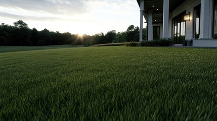 Lush green lawn leading to a modern home at sunset.  Tranquil country estate
