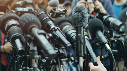 Press room filled with microphones, cameras, and reporters.