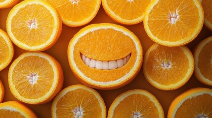 Fototapeta premium Freshly cut oranges create a playful smile amidst a vibrant display of citrus fruits under bright lighting. National Show Your Smile Month