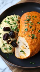 Delicious Roasted Chicken Breast with Creamy Mashed Potatoes and Dried Plums