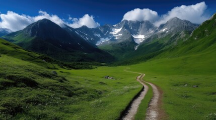 Scenic mountain valley path. Lush green valley with a winding dirt road leading through it, surrounded by towering peaks with patches of snow