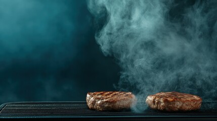 Grilling juicy patties with natural smoke in a serene outdoor setting during evening hours. National Hamburger Month