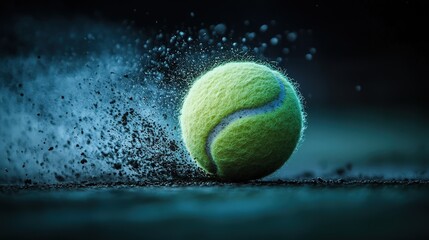 Tennis ball moving swiftly on court surface with motion blur capturing the energy of the game during a competitive match. National Tennis Month