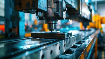 Close-up of a hydraulic press machine working in a factory.