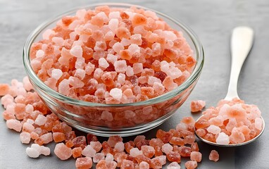 Closeup of Pink Himalayan Salt Crystals in Glass Bowl and Spoon