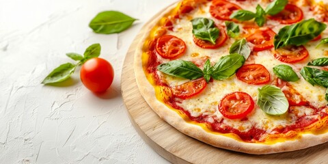Fresh Homemade Pizza with Tomatoes and Basil on Wooden Board