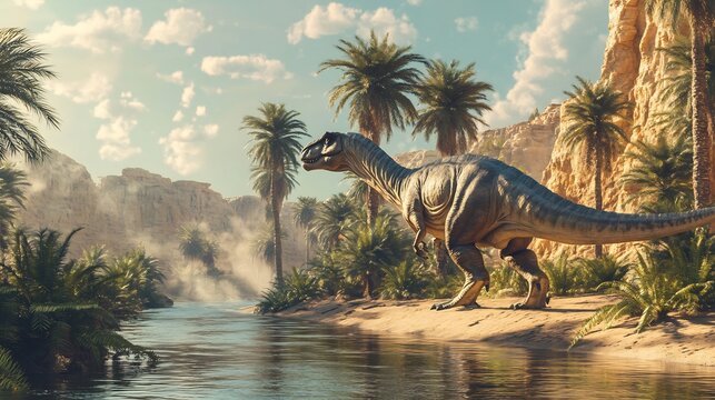 Majestic Aegyptosaurus walking along the banks of a prehistoric river its massive body casting a long shadow in the hot desert sun Palm like trees and ferns grow along the waters edge