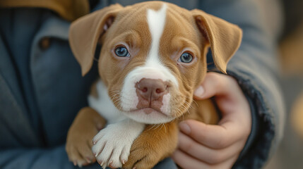 person gently holding cute brown and white puppy