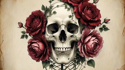 A detailed, vintage-inspired illustration of a human skull surrounded by large, blooming roses in deep red, burgundy, and dusty pink tones. The skull has fine linework, resembling an old botanical