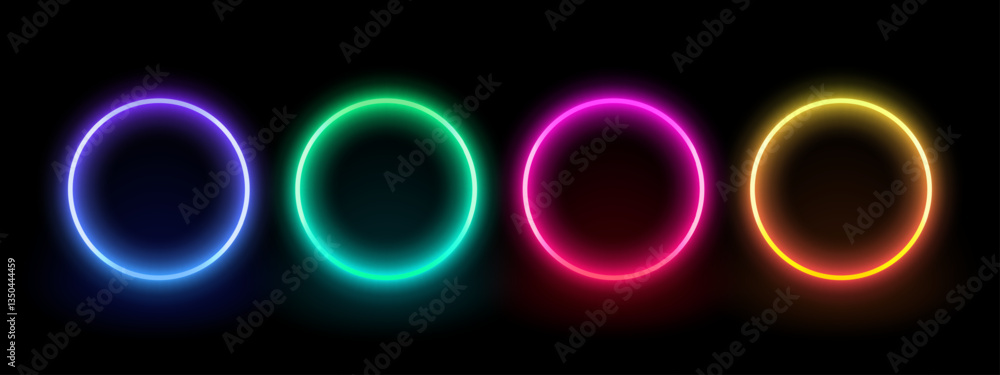 Poster Neon circle frame on a transparent background. Illuminate frame design. Set of round neon border. Futuristic graphic element for social media stories. Glowing neon lighting on dark background.