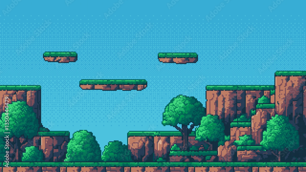 Aufkleber 8-bit pixel art game level background. retro style pixelated background. blue sky. trees and mountains. side scrolling landscape. 2D flat design. vector graphics.