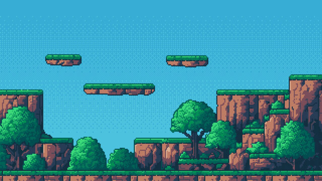 8-bit pixel art game level background. retro style pixelated background. blue sky. trees and mountains. side scrolling landscape. 2D flat design. vector graphics.
