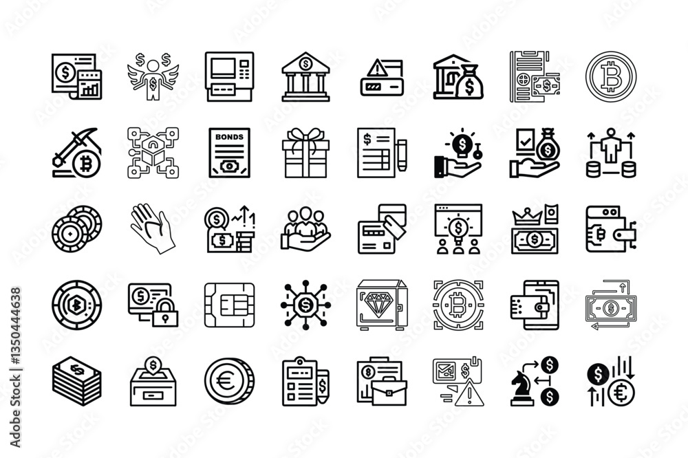 Poster a bundle of money related icons set with various symbols and elements in a doodle style