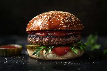 Delicious gourmet burger on dark background with condiments