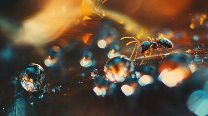 Tiny ant on dewy leaf at sunrise