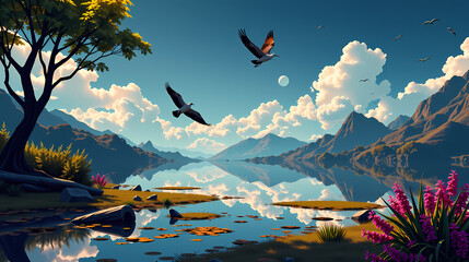 Mountain Lake Bird Painting