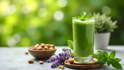 Green smoothie garnished with mint and basil, served in a tall glass. A wooden coaster, blooming lavender, and mixed nuts create a tranquil and refreshing spring setting.