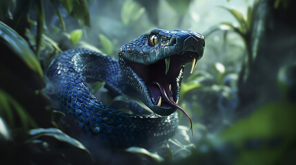Naklejka premium coiled blue viper with open mouth in jungle setting