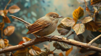 Jungle babbler sitting a dry branch soft earthy brown feathers blending into background foliage intelligent eyes ultra detailed realism