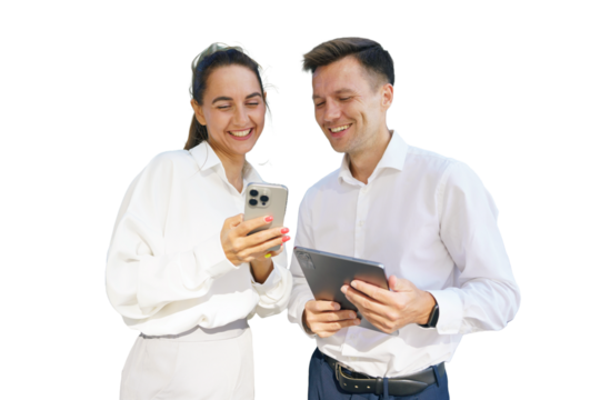 Colleagues sharing a light moment while discussing work using a smartphone and tablet in an office setting - Powered by Adobe