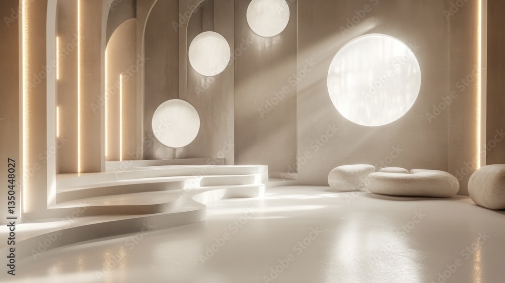 Poster a minimalist white set with abstract light patterns. tv show background