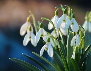 Fototapeta premium Close-up of blooming white snowdrops in spring garden