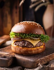 Juicy cheeseburger with lettuce, pickles, and onion on a wooden board