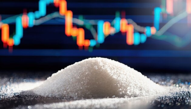 Pile of sugar with stock market data chart in background