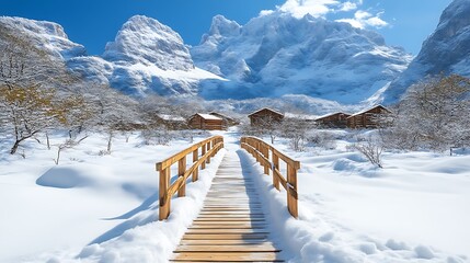 Snowy Mountain Village Bridge Winter.