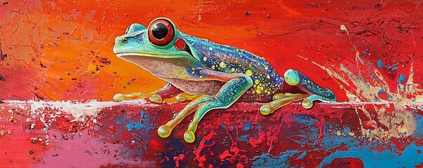 The colorful tree frog again resting on a surface with a vibrant red background, standing out dramatically in the daylight.