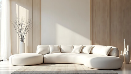 Modern Living Room with Curved White Sofa and Sculptural Decor in Calming Neutral Colors