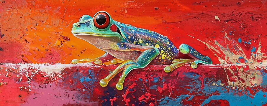 The colorful tree frog again resting on a surface with a vibrant red background, standing out dramatically in the daylight.