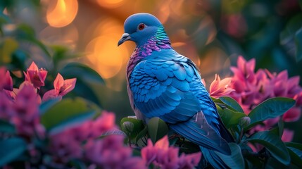 Madagascar blue pigeon resting a leafy perch vibrant indigo feathers glowing under soft diffused light ultra detailed textures cinematic nature setting