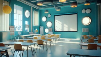 A modern classroom set for an educational program.