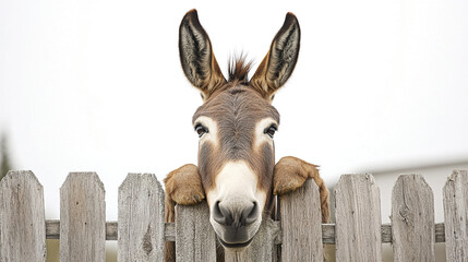 donkey rests its chin on wooden fence, looking curious