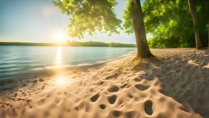 Sandy beach sunset trees calm water. Perfect travel relaxation themes.
