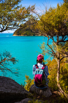 backpacker girl rests sitting on the rocks overlooking a paradise bay with turquoise water in Abel Tasman National Park, Adele Island in the background