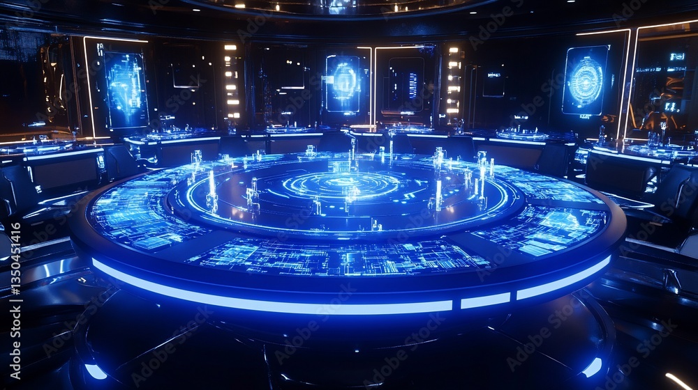 Poster futuristic command center with glowing blue technology and circular table setup