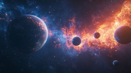 A cosmic vista of planets amidst a vibrant nebula and scattered stars creating a celestial dance of light and color