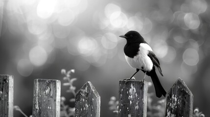 Magpie perched a rustic wooden fence glossy black and white feathers shimmering in sunlight ultra detailed realism soft blurred countryside background
