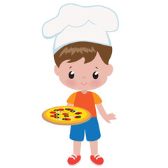 Cute little  boy chef with pizza  vector cartoon illustration