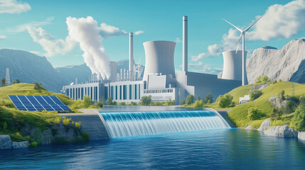 Obraz premium Futuristic Power Plant with Advanced Architecture, Surrounded by Clean Energy Elements like Wind Turbines, Solar Panels, and Water Flowing into a Hydroelectric Dam