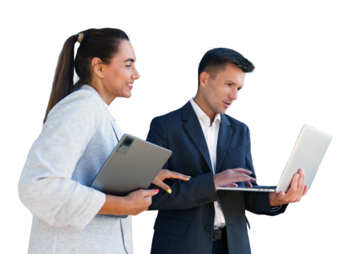 Professionals discussing project details outdoors while using digital devices in a collaborative setting - Powered by Adobe