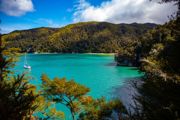 Naklejka premium panorama of Stilwell Bay in Abel Tasman National Park. Little paradise beaches with turquoise water surrounded with tropical vegetation. Famous great walk in New Zealand South Island
