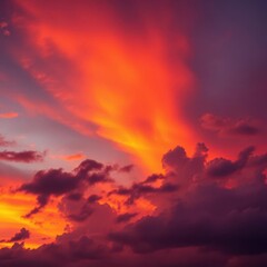 Fototapeta premium Fiery sunset hues paint the clouds, vibrant oranges and deep purples , landscape, purple