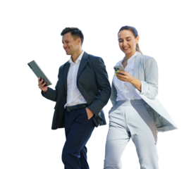 Business professionals walk together outdoors, engaging with devices during a sunny day