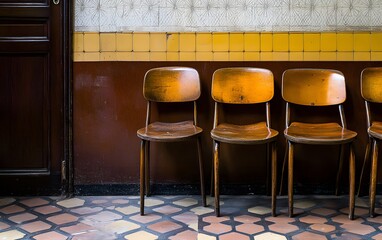 Vintage Wooden Chairs in Retro Setting,  Aged Room Interior with Tile Floor