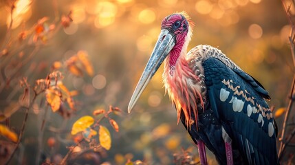 Marabou stork standing tall an African savannah strong beak wrinkled head intense expression soft golden light illuminating intricate feather details © EpochXstudio